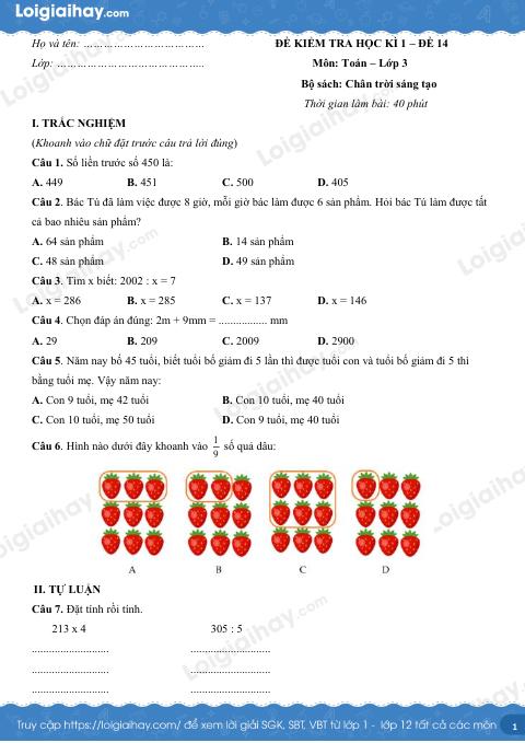 Đề kiểm tra học kì 1 Toán 3 Chân trời sáng tạo - Đề số 14